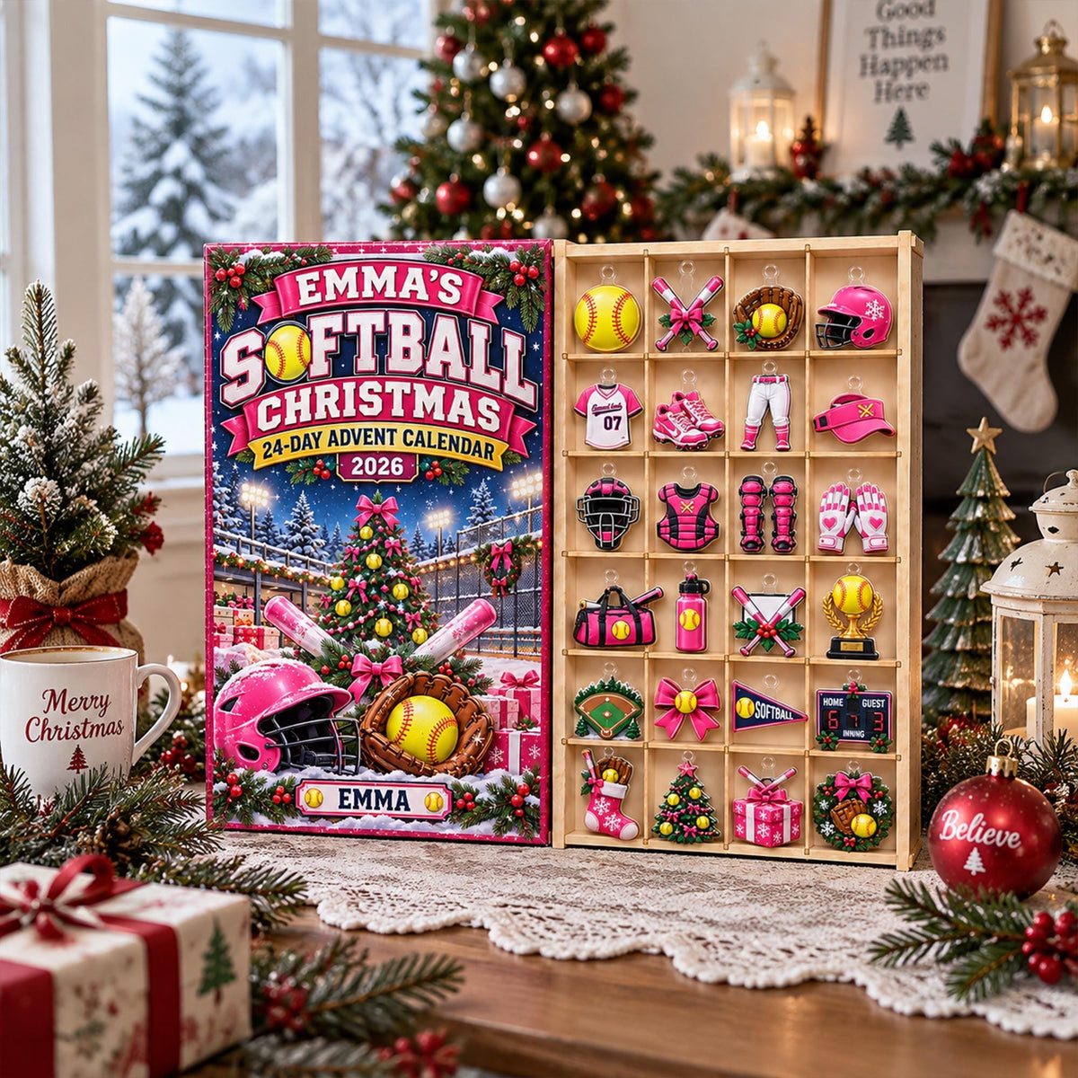 Personalized Softball Advent Calendar 2026, Custom Softball Christmas Countdown, 24 Day Acrylic Ornament Blind Box, Softball Player Gift