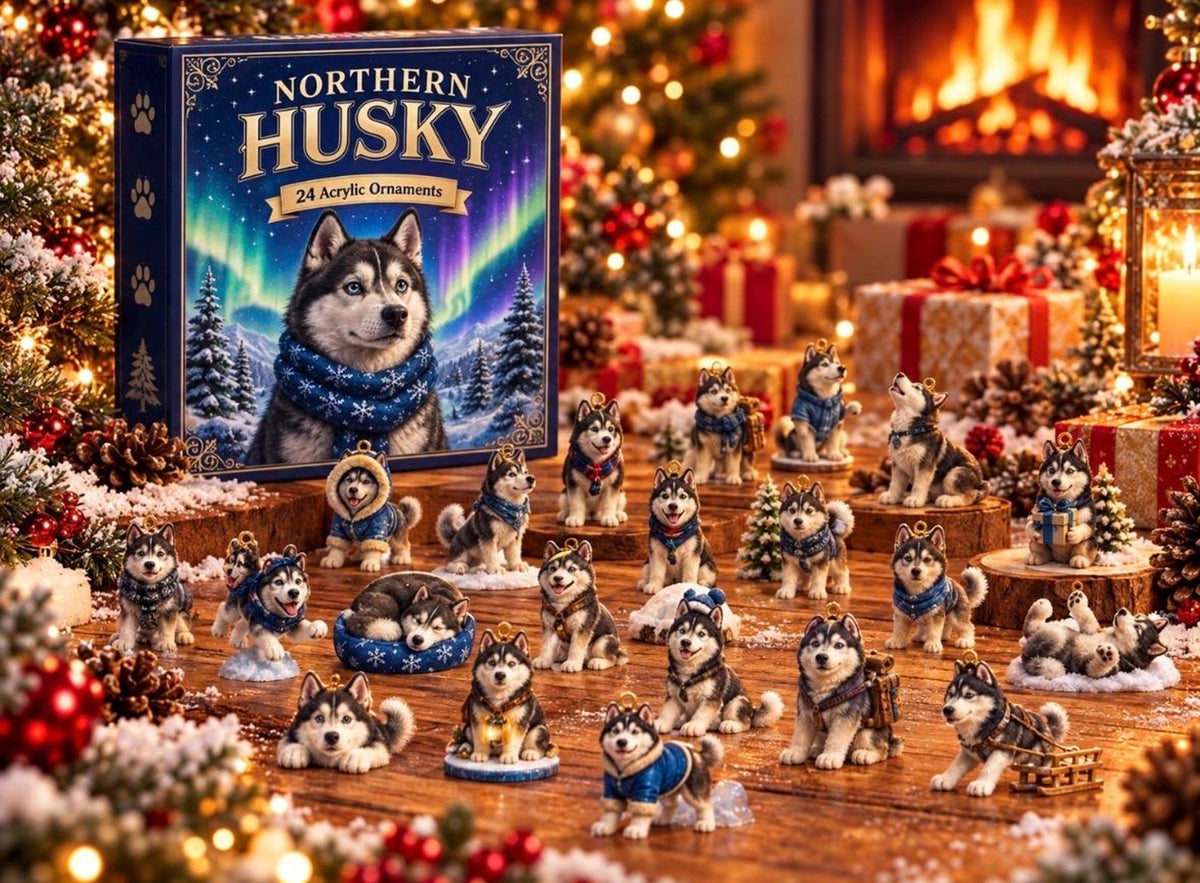 Husky Advent Calendar 2026, 24 2D Acrylic Dog Ornaments, Winter Wonderland Christmas Decor, Dog Lover Gift