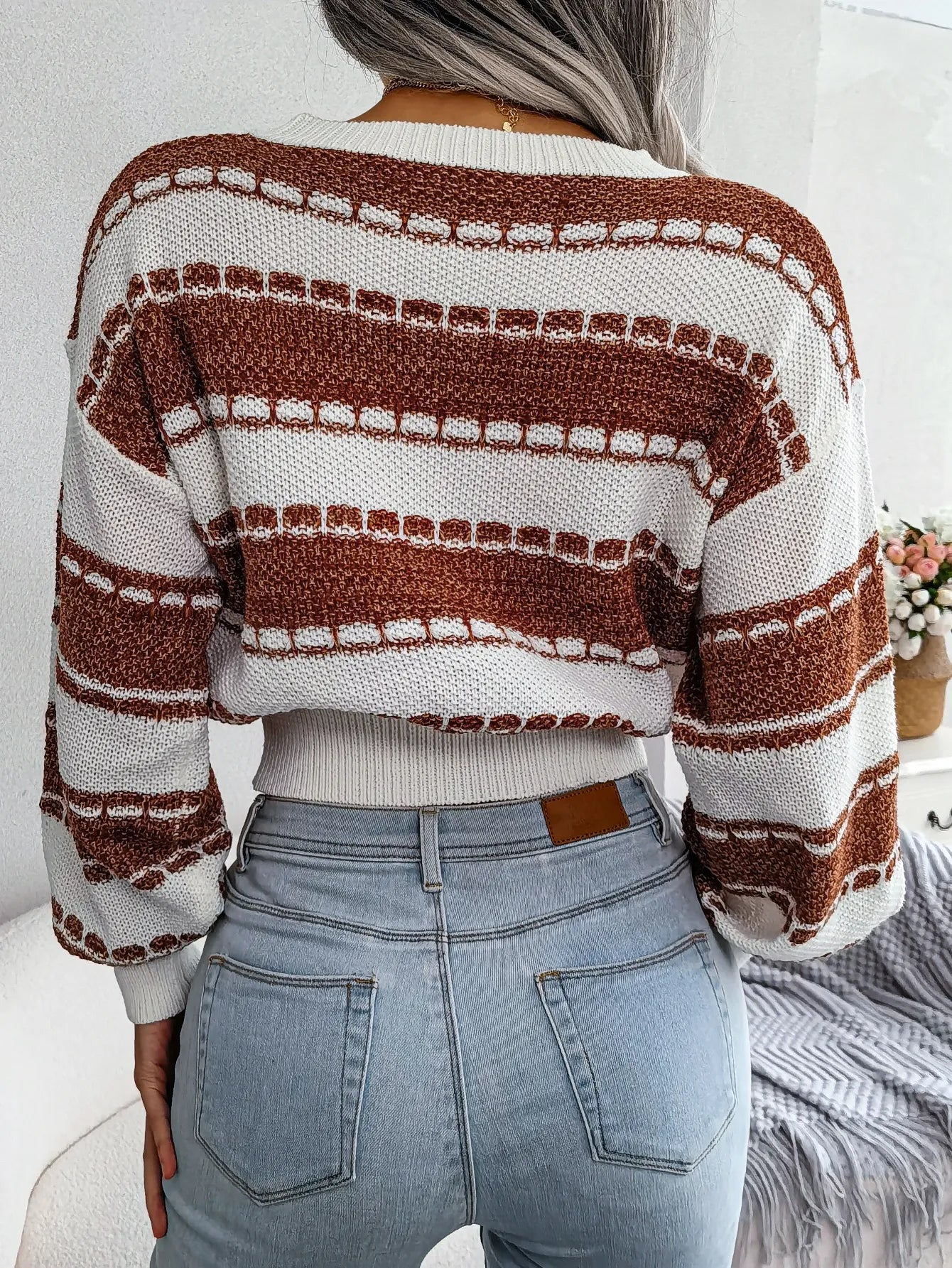 Fashion Color Block Long Sleeve Cropped Knit Sweater