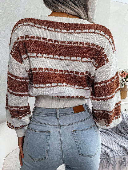 Fashion Color Block Long Sleeve Cropped Knit Sweater