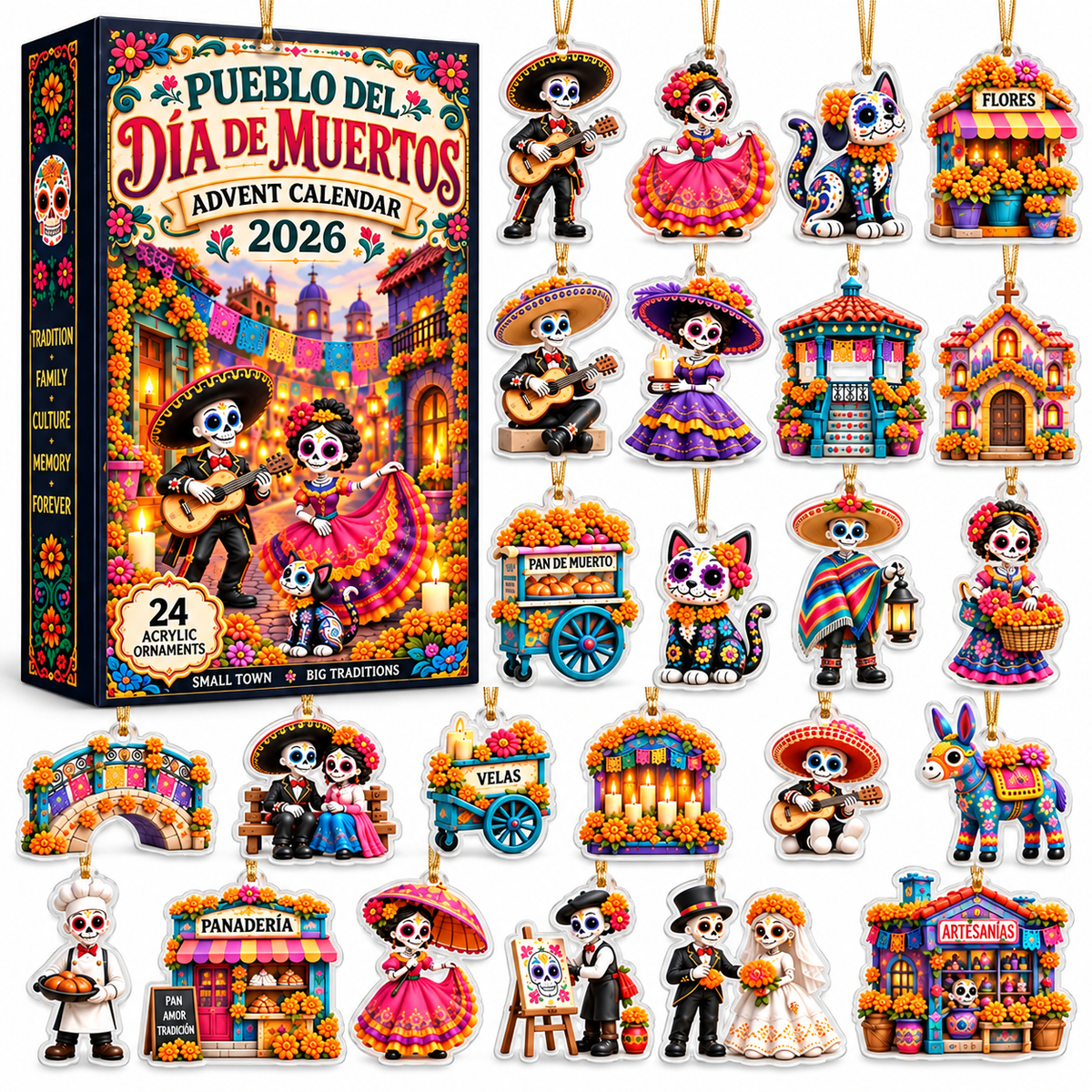 Día de Muertos Advent Calendar 2026 – 24 Acrylic Ornaments, Mexican Day Of The Dead Christmas Countdown Decor