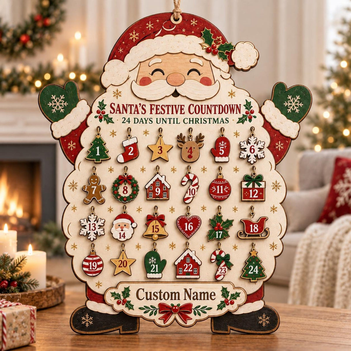 Personalized Santa Wooden Advent Calendar, Christmas Countdown Calendar, Custom Name Holiday Decor, Family Christmas Gift, Rustic Wood Sign