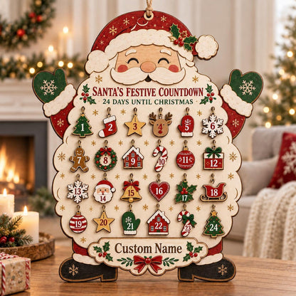 Personalized Santa Wooden Advent Calendar, Christmas Countdown Calendar, Custom Name Holiday Decor, Family Christmas Gift, Rustic Wood Sign