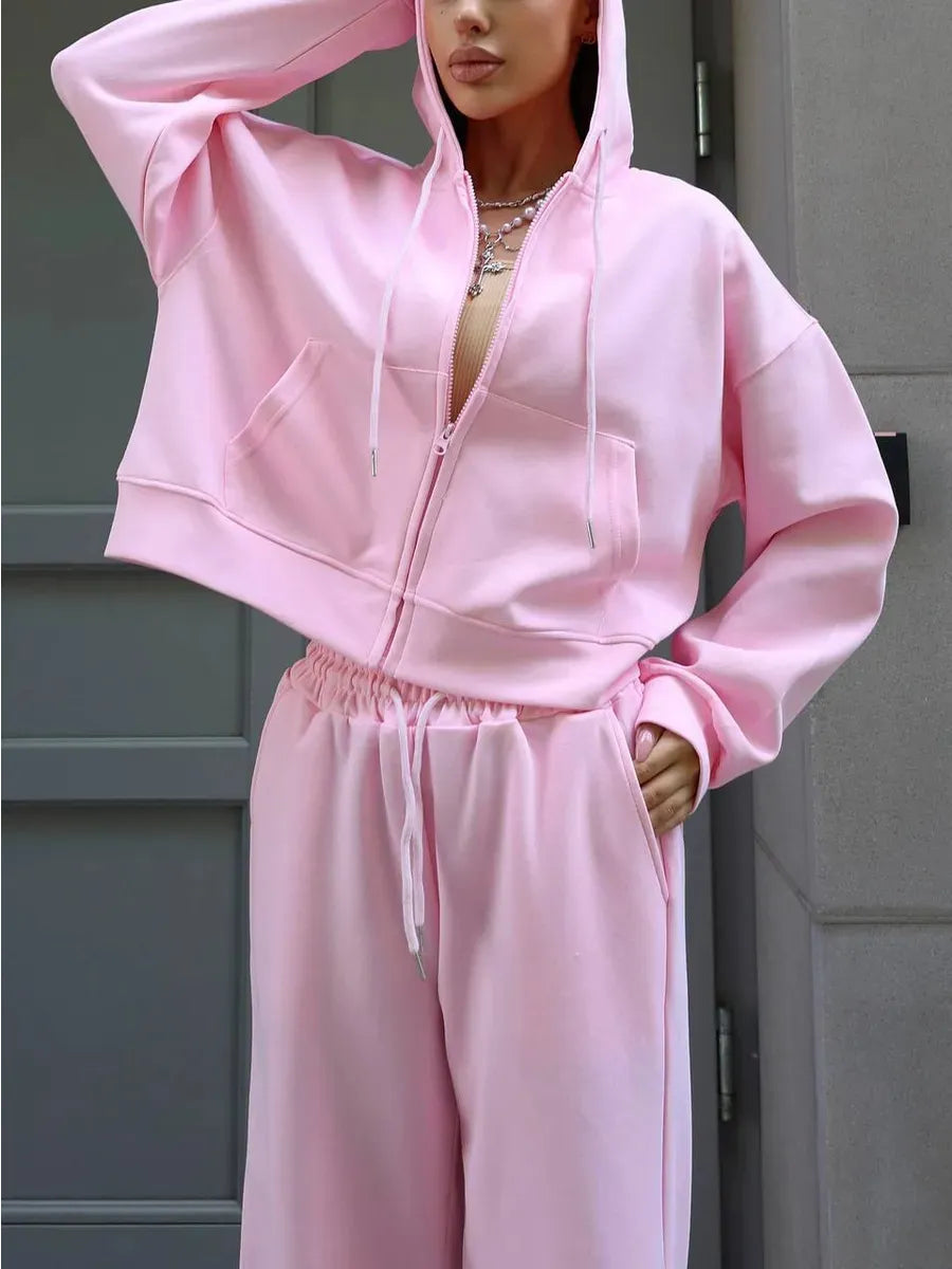 Two-Piece Solid Color Zipper Hoodie and Trousers Set