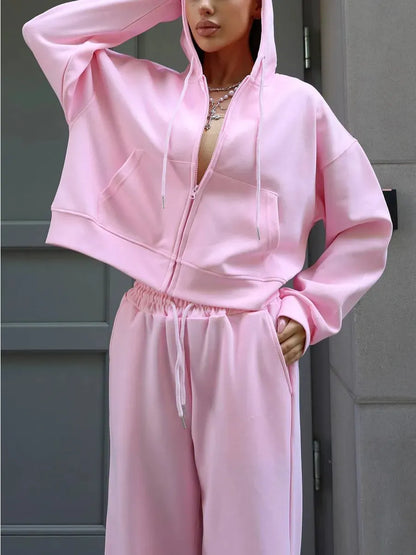 Two-Piece Solid Color Zipper Hoodie and Trousers Set