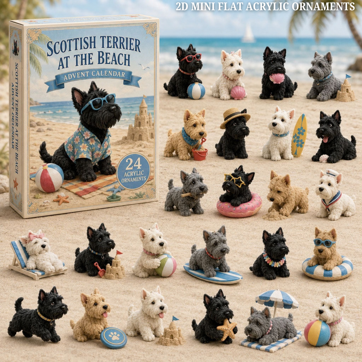 Scottish Terrier Beach Advent Calendar 2026 - 24-Day Festive Countdown, Acrylic Charms Blind Box - Gift For Dog Lovers
