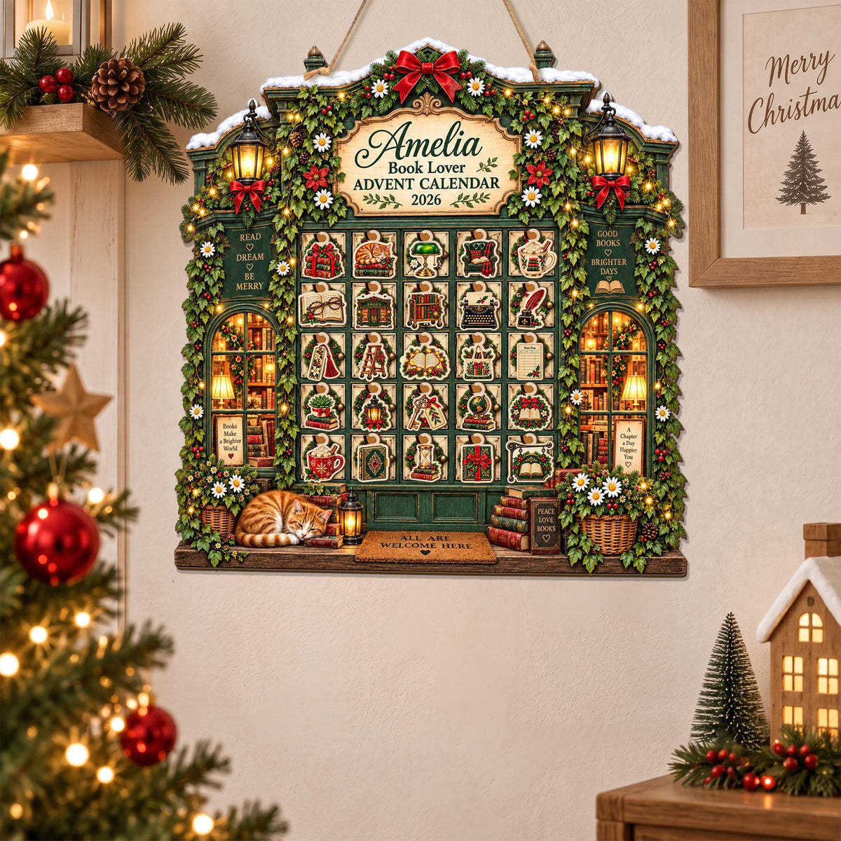 Personalized Book Lover Wooden Advent Calendar: Custom Bookstore Christmas Countdown