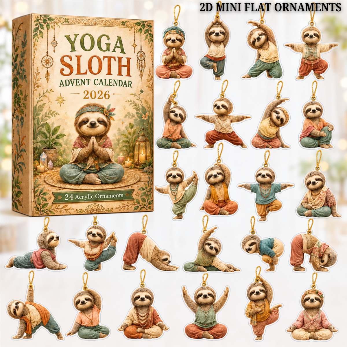 Yoga Sloth Advent Calendar 2026 - 24-Day Festive Countdown, Acrylic Charms Blind Box - Gift For Yoga Lovers