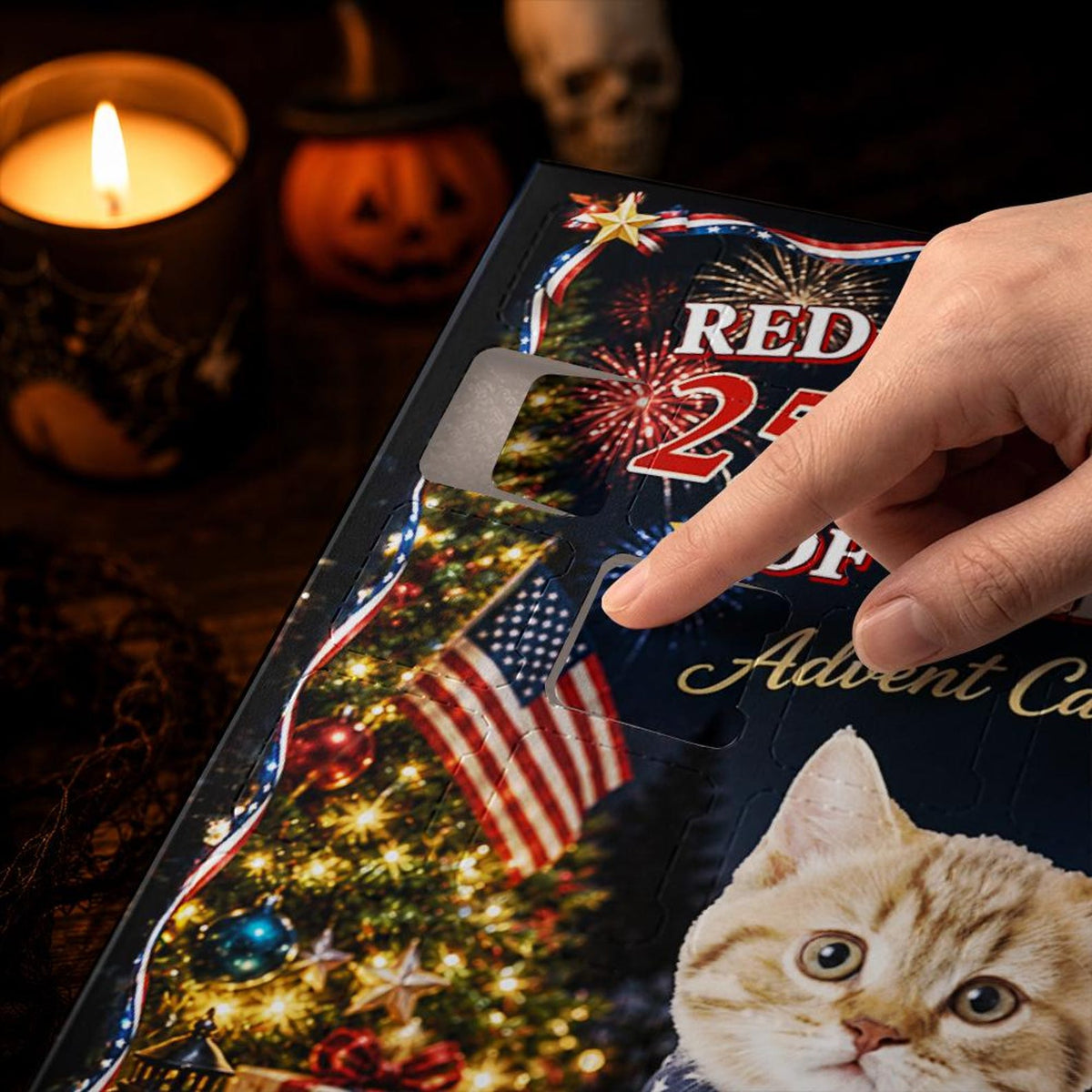 Custom Cat Advent Calendar 24 Charms, Personalized Cat Lover Xmas Gift, Patriotic 250 Year Pet Countdown Box, USA Holiday Sign