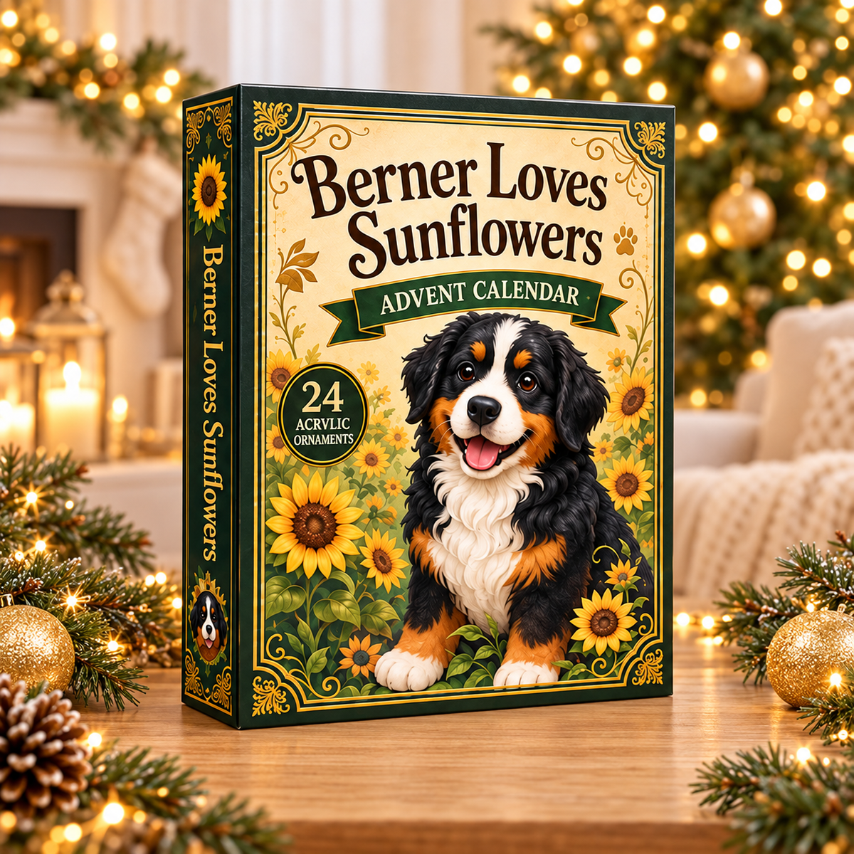 Berner Loves Sunflowers Advent Calendar 2026 - 24-Day Festive Countdown, Acrylic Charms Blind Box - Gift For Bernese Mountain Dog Lovers