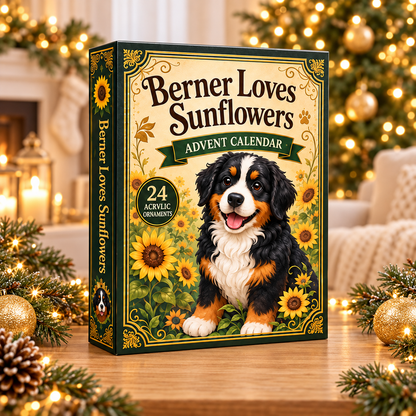 Berner Loves Sunflowers Advent Calendar 2026 - 24-Day Festive Countdown, Acrylic Charms Blind Box - Gift For Bernese Mountain Dog Lovers