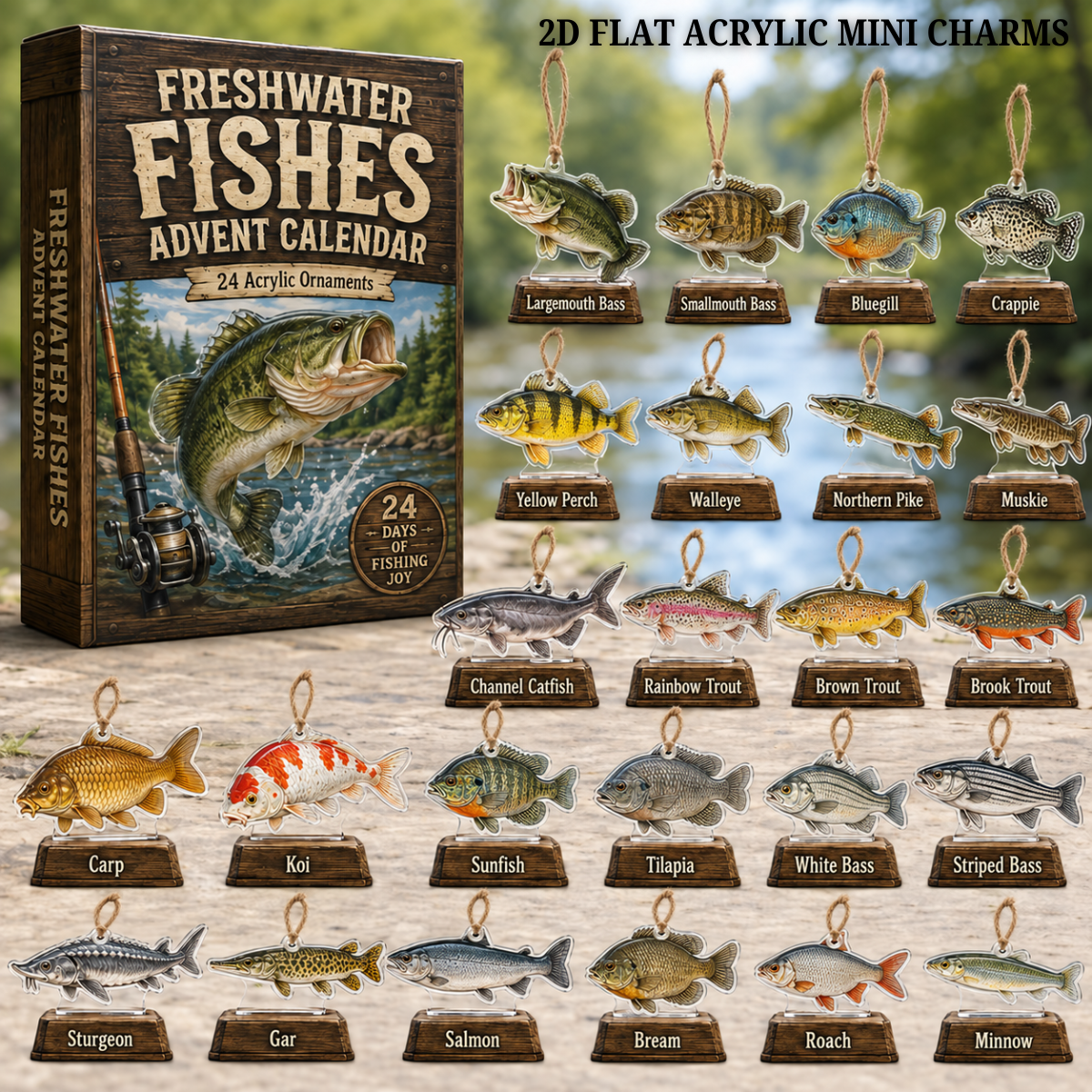 Freshwater Fishing Species Advent Calendar 2026 - 24-Day Festive Countdown, Acrylic Charms Blind Box - Gift For Fishing Lovers