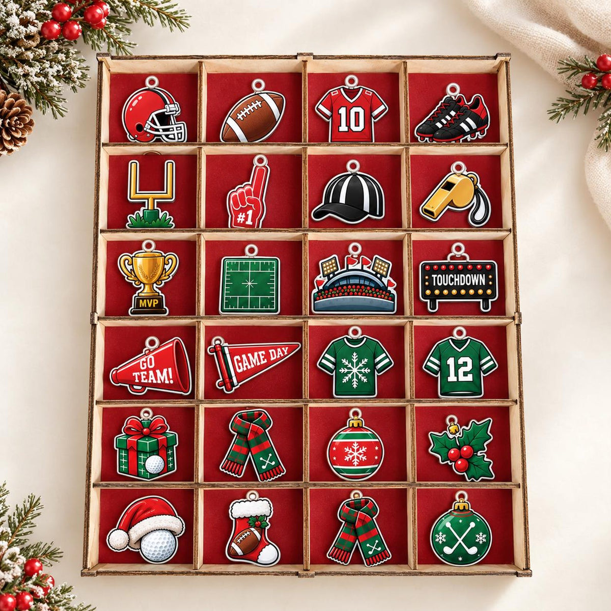 Personalized Football Advent Calendar, Custom Christmas Countdown Box with 24 Charms, Sports Gift with Photo Charms