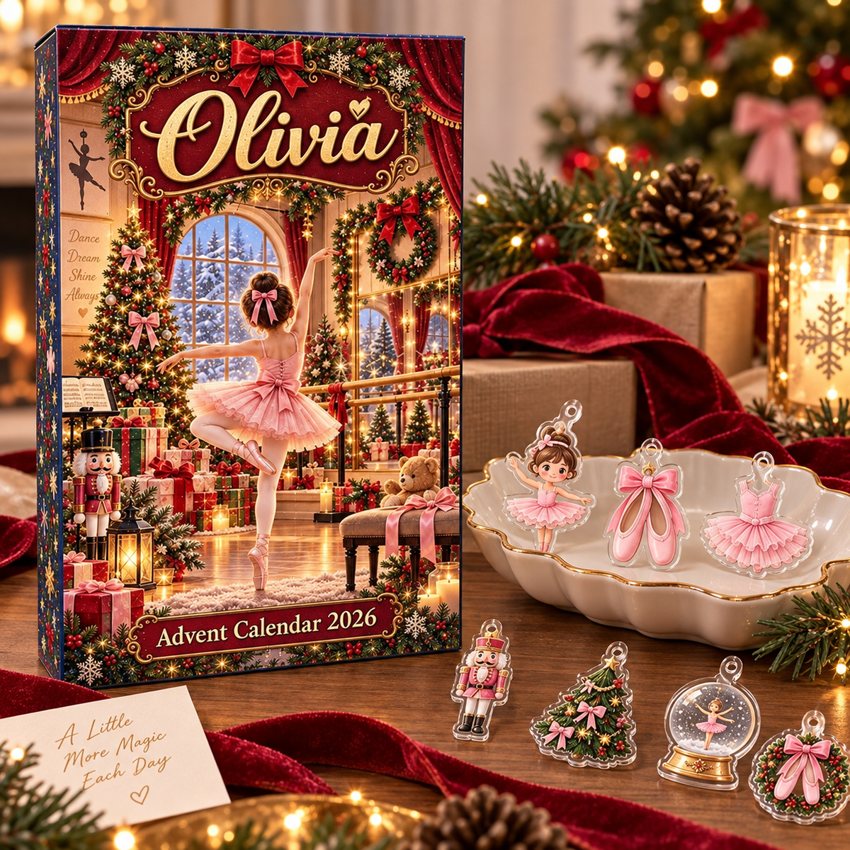 Personalized Ballerina Advent Calendar, 24 Ballet Christmas Charms, Custom Name Dancer Gift, Holiday Countdown Box