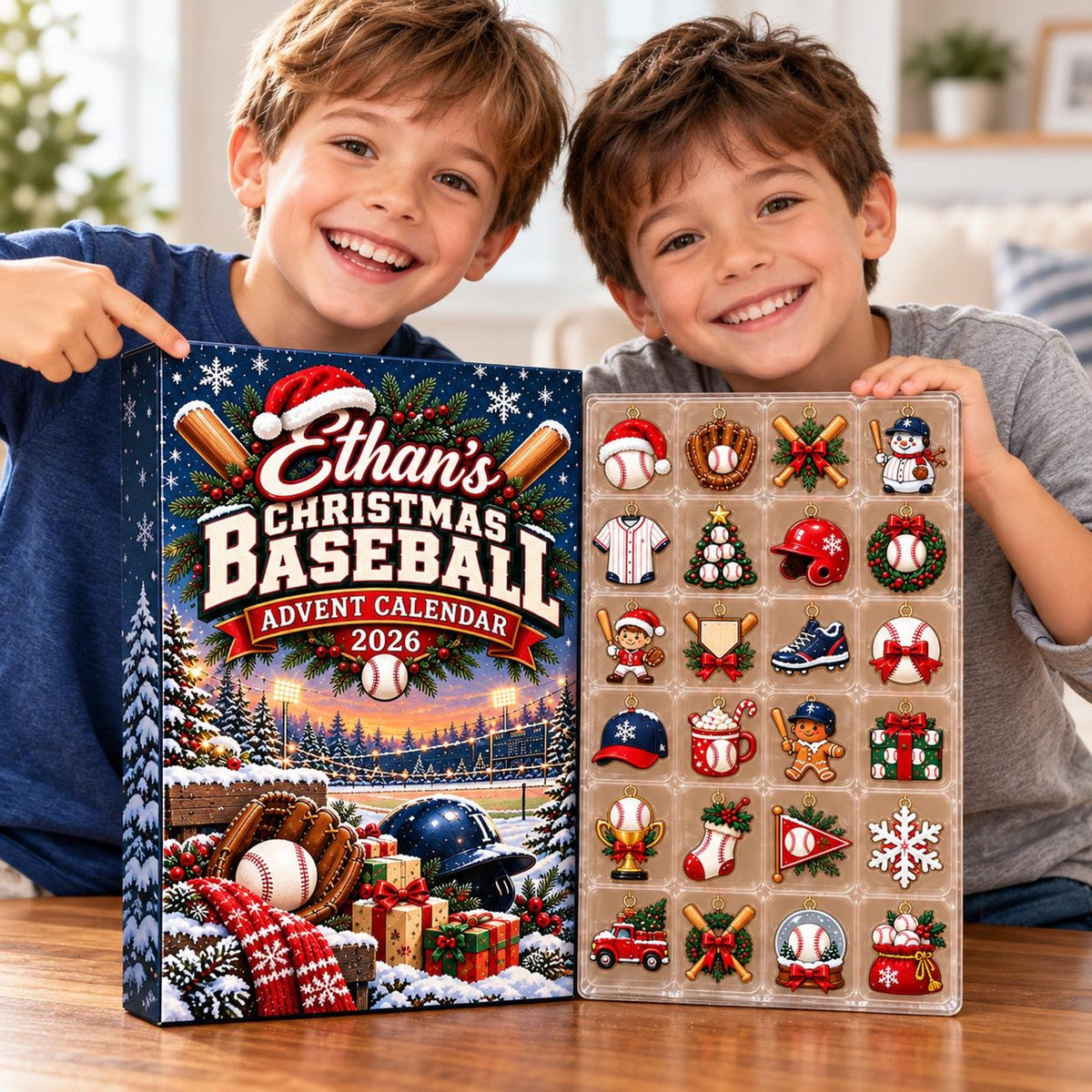 Custom Name Baseball Advent Calendar 2026, Christmas Countdown Box, 24 Baseball Charms, Personalized Holiday Keepsake, Baseball Player Gift