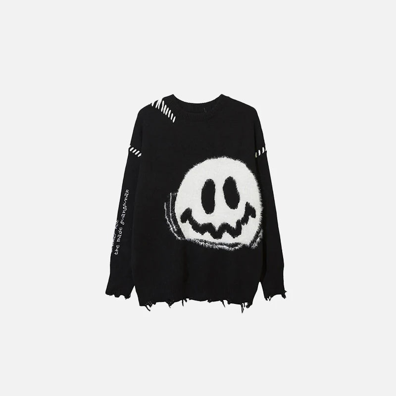 Y2K Distressed Smiley Knit Sweater