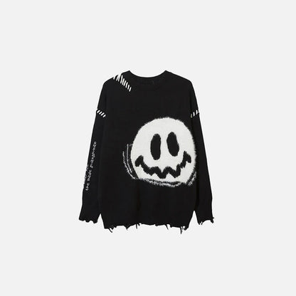 Y2K Distressed Smiley Knit Sweater