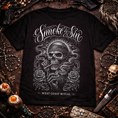 Smoke & Sin West Coast Ritual Skull Chicano Style Graphic Tee