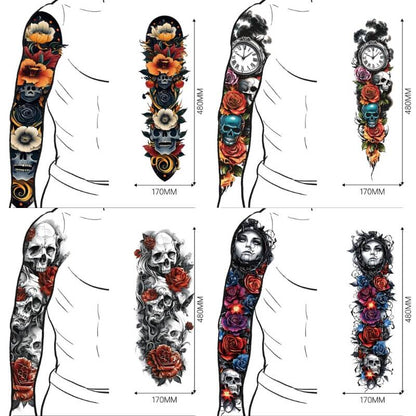 4 Pcs Skull And Flower Full Arm Temporary Tattoo Stickers