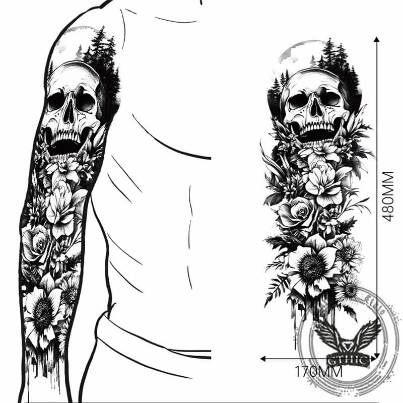 4 Pcs Skull And Flower Full Arm Temporary Tattoo Stickers