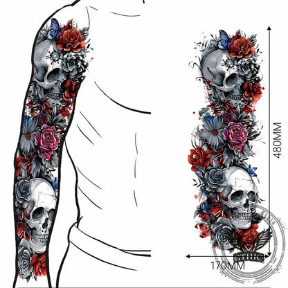 4 Pcs Skull And Flower Full Arm Temporary Tattoo Stickers
