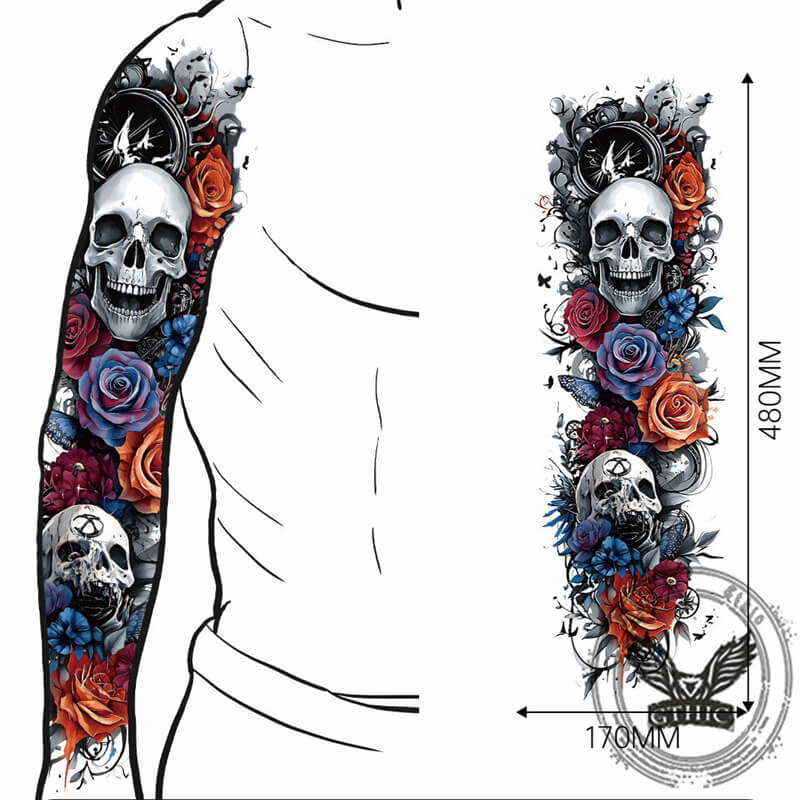 4 Pcs Skull And Flower Full Arm Temporary Tattoo Stickers