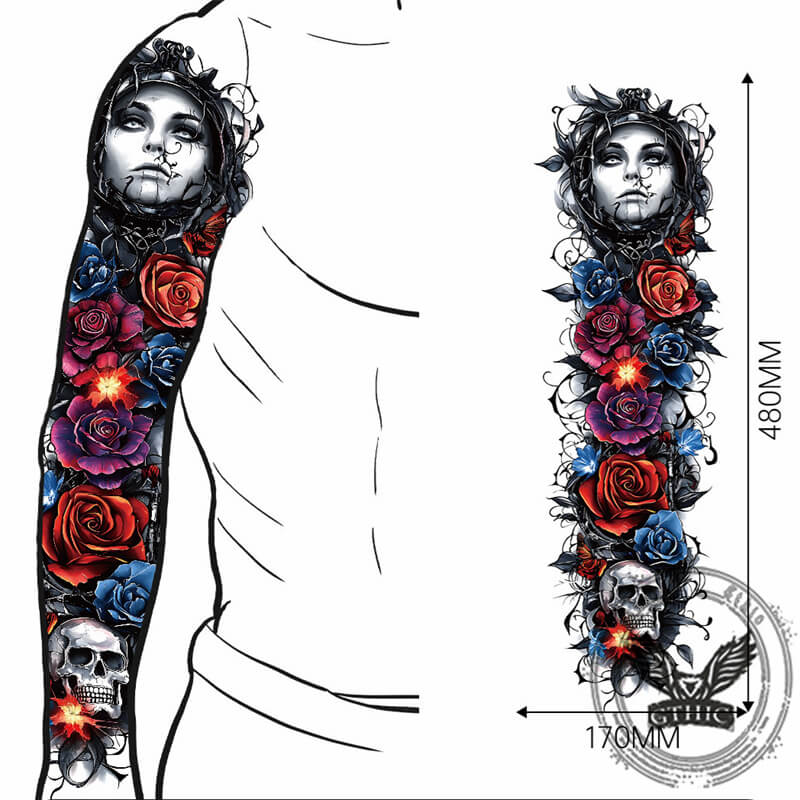 4 Pcs Skull And Flower Full Arm Temporary Tattoo Stickers