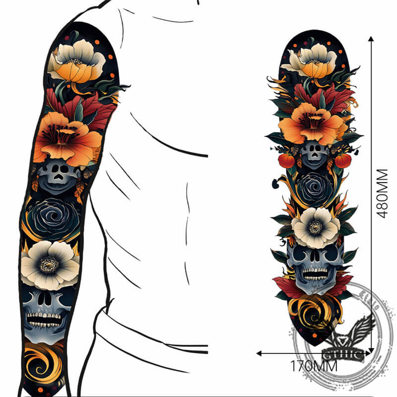 4 Pcs Skull And Flower Full Arm Temporary Tattoo Stickers