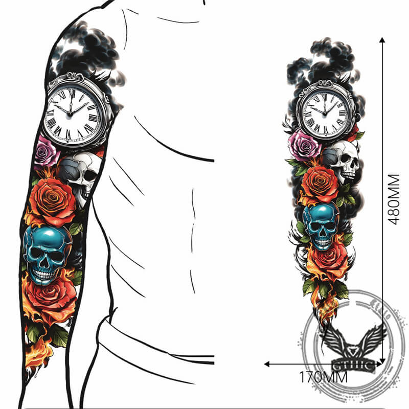 4 Pcs Skull And Flower Full Arm Temporary Tattoo Stickers