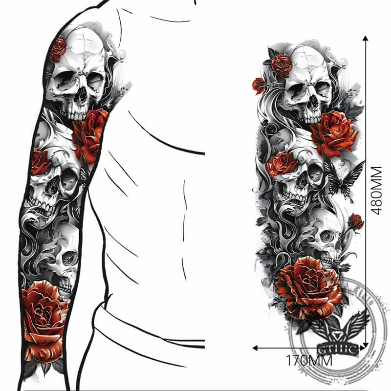 4 Pcs Skull And Flower Full Arm Temporary Tattoo Stickers