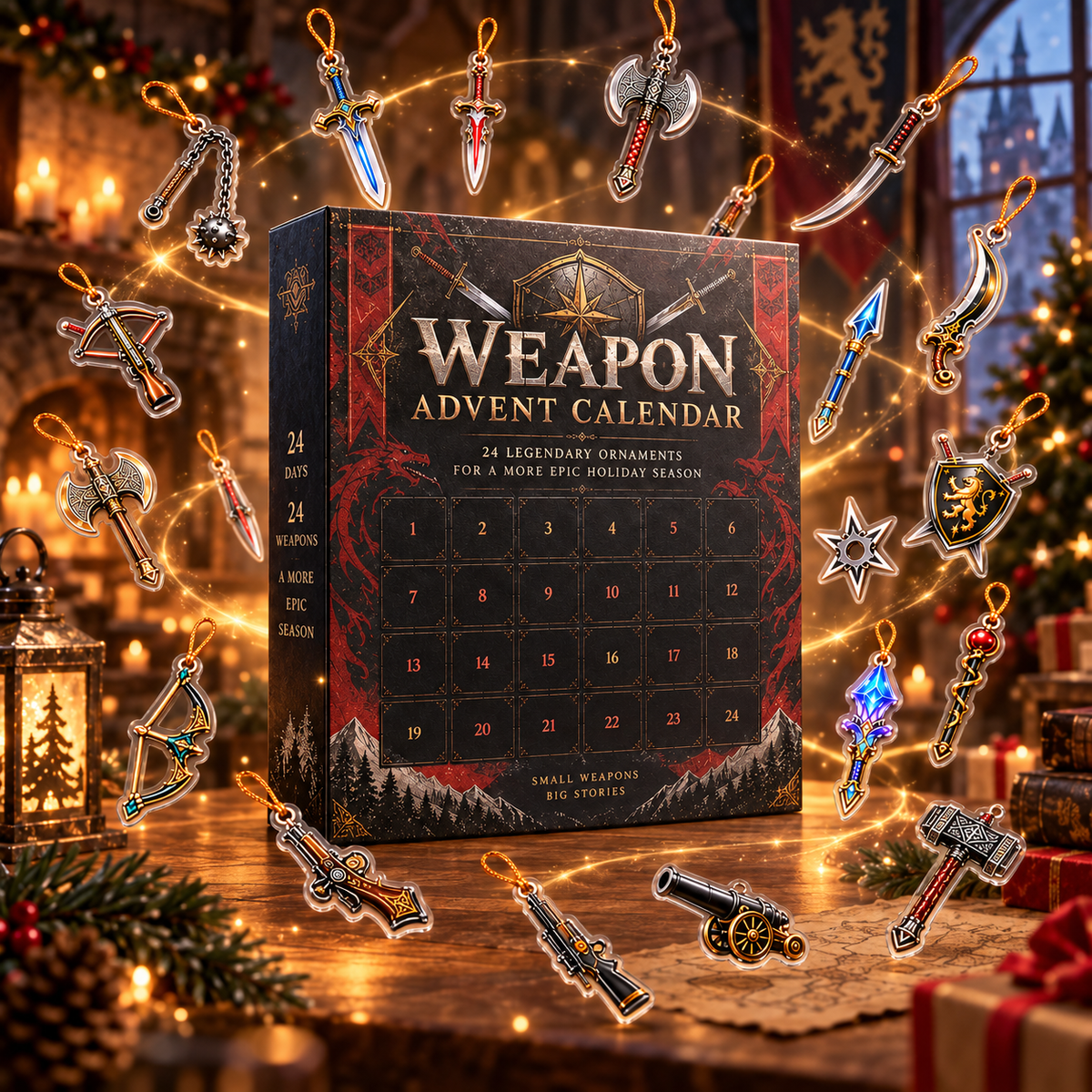 24 Days of Legendary Weapons Advent Calendar – Mini Fantasy Weapon Christmas Ornaments, Medieval Sword & Axe Collectible Countdown Gift