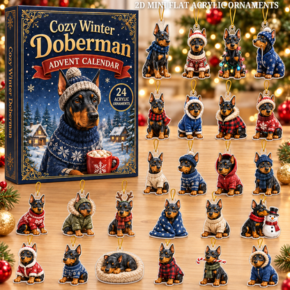 Cozy Winter Doberman Advent Calendar 2026 - 24-Day Festive Countdown, Acrylic Charms Blind Box - Gift For Doberman Lovers