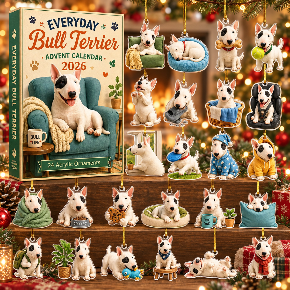 Bull Terrier Advent Calendar 2026, 24 Acrylic Dog Charms, Christmas Countdown Ornament Set, Bull Terrier Lover Holiday Gift