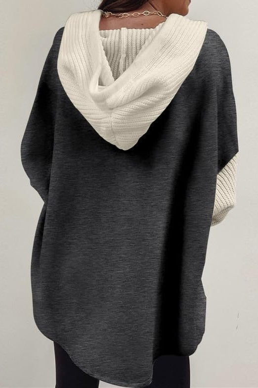 Ribbed Sleeve Patchwork Button Hoodie