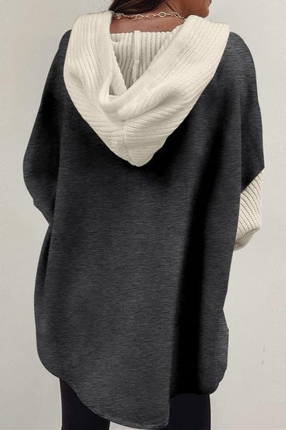 Ribbed Sleeve Patchwork Button Hoodie