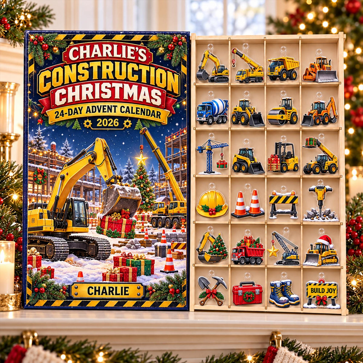 Personalized Construction Advent Calendar 2026, Truck Christmas Countdown, 24 Day Acrylic Ornament Set, Construction Toy Gift for Boys