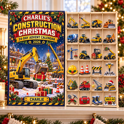 Personalized Construction Advent Calendar 2026, Truck Christmas Countdown, 24 Day Acrylic Ornament Set, Construction Toy Gift for Boys