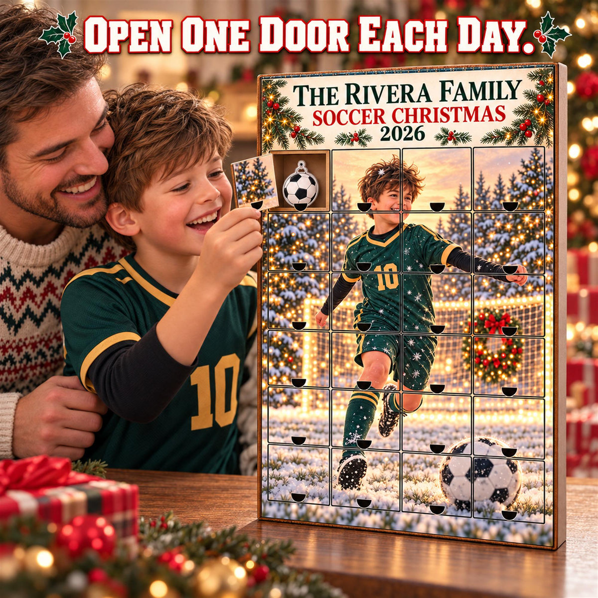 Personalized Soccer Advent Calendar with 24 Custom Photo Acrylic Ornaments, Player Number Christmas Gift for Soccer Family and Coach