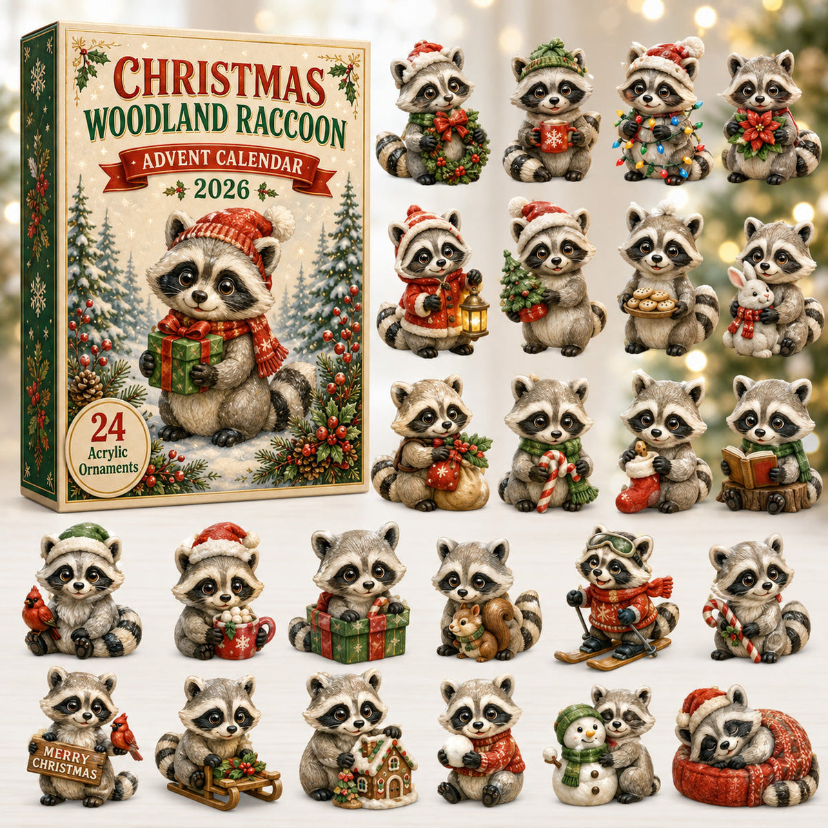 Christmas Woodland Raccoon Advent Calendar 2026 - 24-Day Festive Countdown, Acrylic Charms Blind Box - Gift For Woodland Lovers, Family & Friends