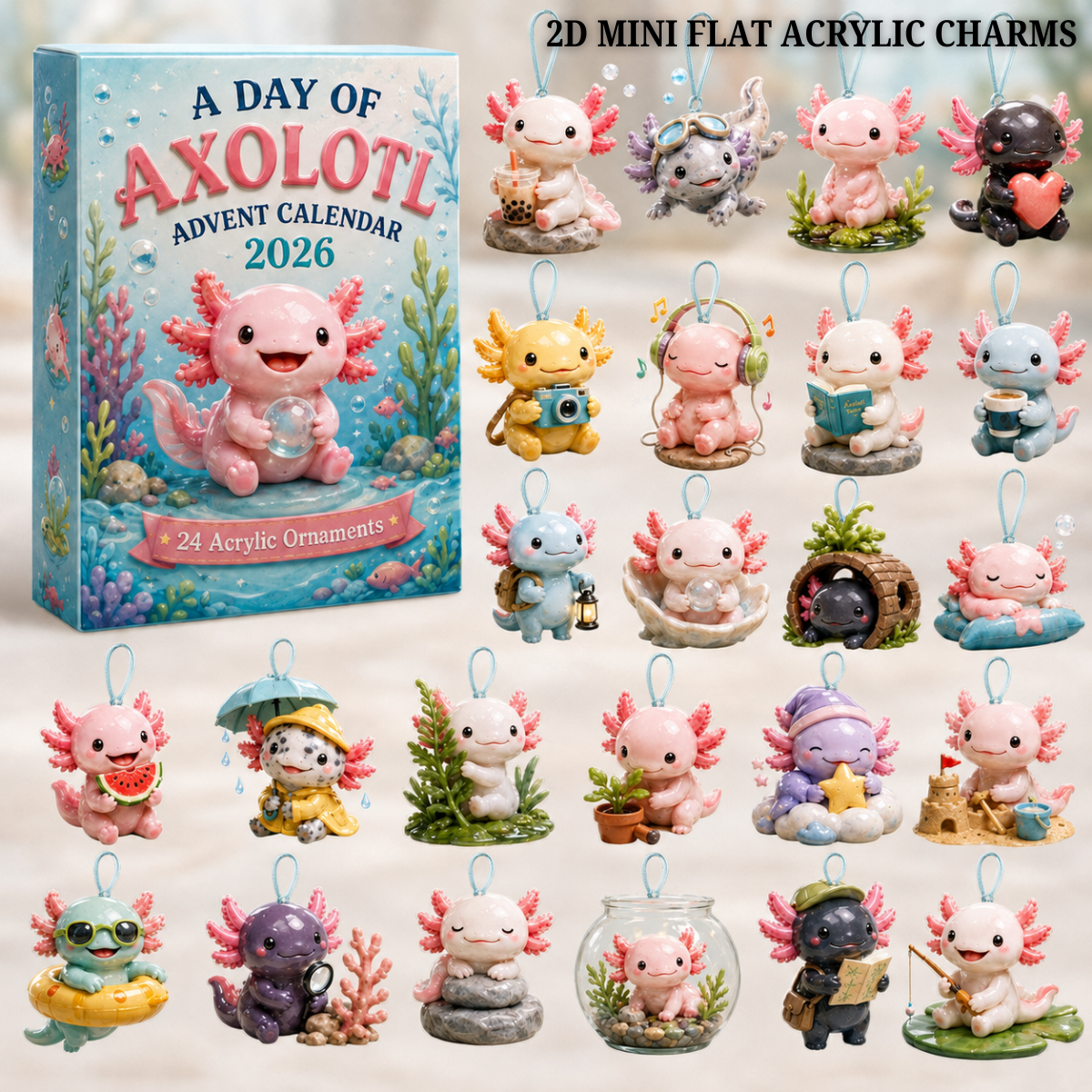 A Day Of Axolotl Advent Calendar 2026 - 24-Day Festive Countdown, Acrylic Charms Blind Box - Gift For Axolotl Lovers