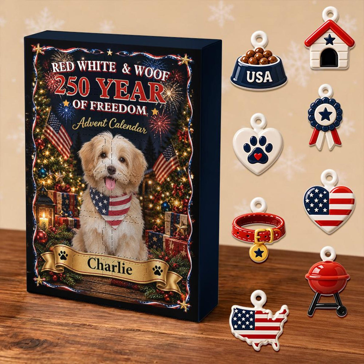 Custom Dog Advent Calendar 24 Charms, Personalized Dog Lover Xmas Gift, Patriotic 250th Pet Countdown Box, USA Holiday Decor