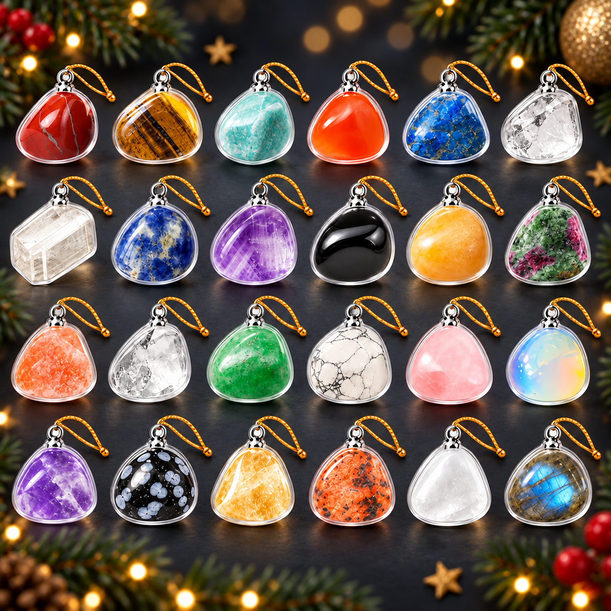 Personalized 2D Gemstone Advent Calendar 2026, 24 Natural Stone Christmas 2D Acrylic Charm with Hanging Loops, Crystal Countdown Gift Box, Holiday Gift for Kids & Adults