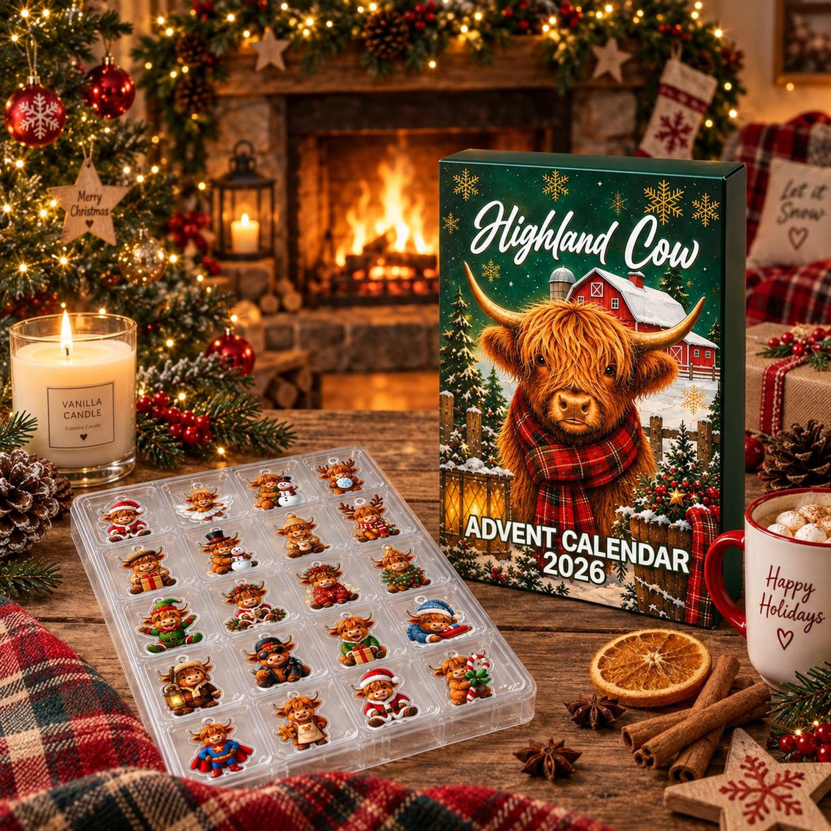 Highland Cow Christmas Advent Calendar, Acrylic or Wood Ornaments, Reusable Countdown Gift Box, Holiday Keepsake