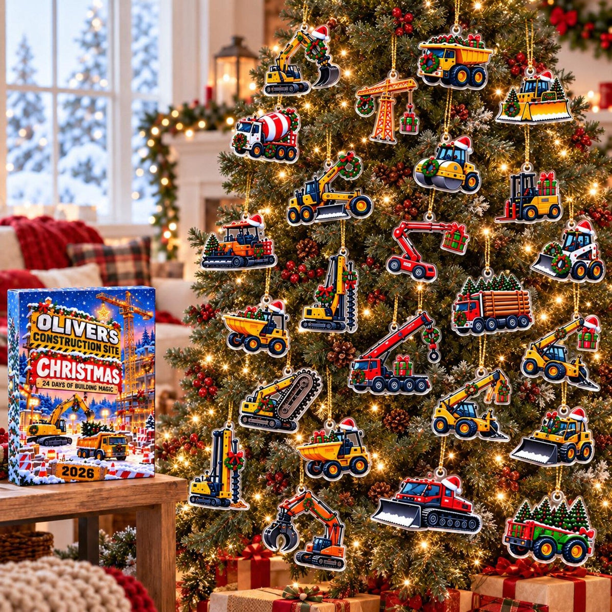 Personalized Construction Vehicle Advent Calendar 2026, Christmas Truck Countdown, Excavator and Digger Ornaments, Fun Holiday Gift for Boys