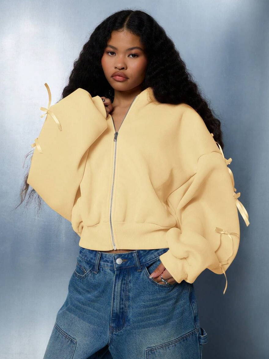 Embroidered Side Bow Zip Up Hoodie