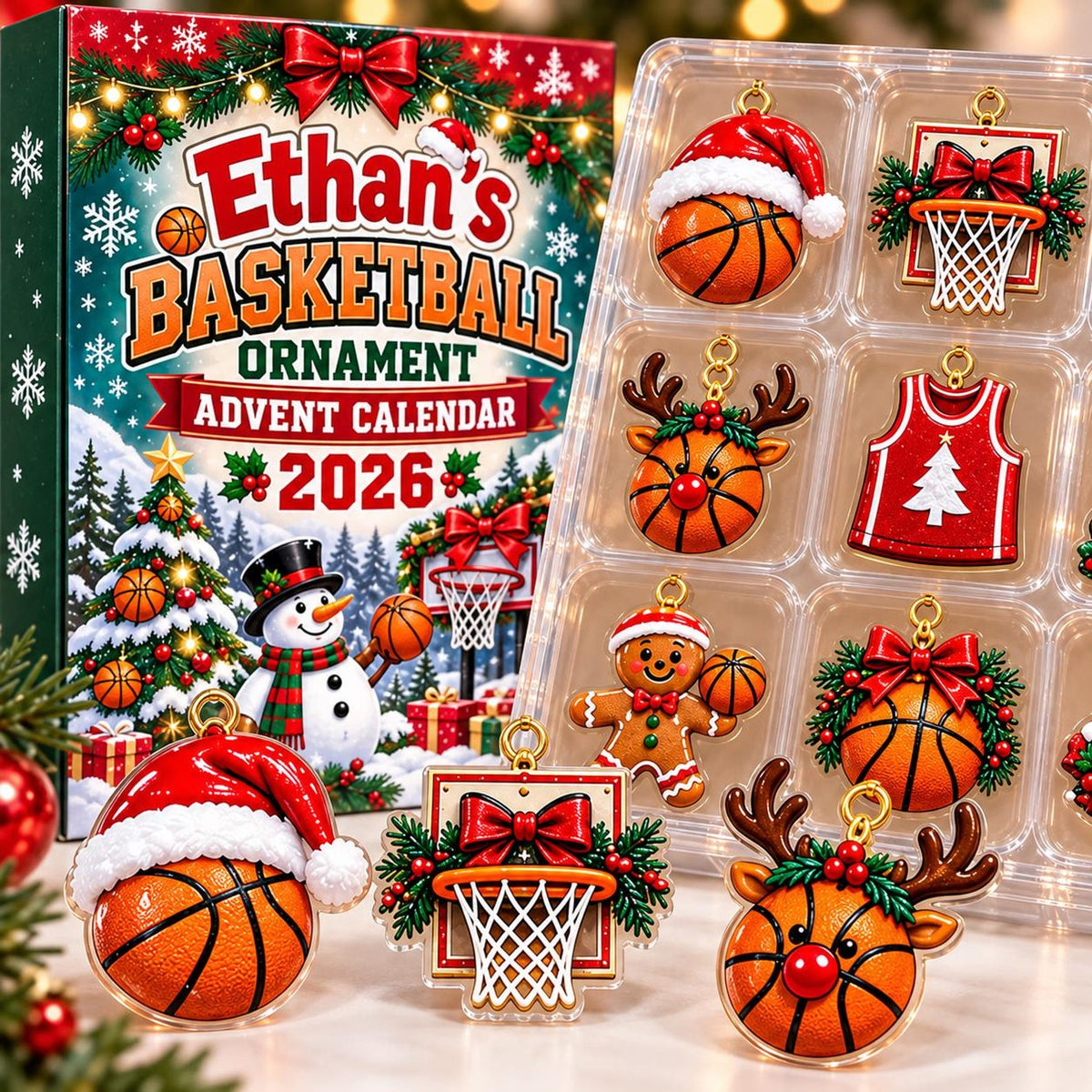 Basketball Advent Calendar 2026, Christmas Countdown Box, 24 Basketball Charms, Personalized Sports Holiday Keepsake, Basketball Player Gift John