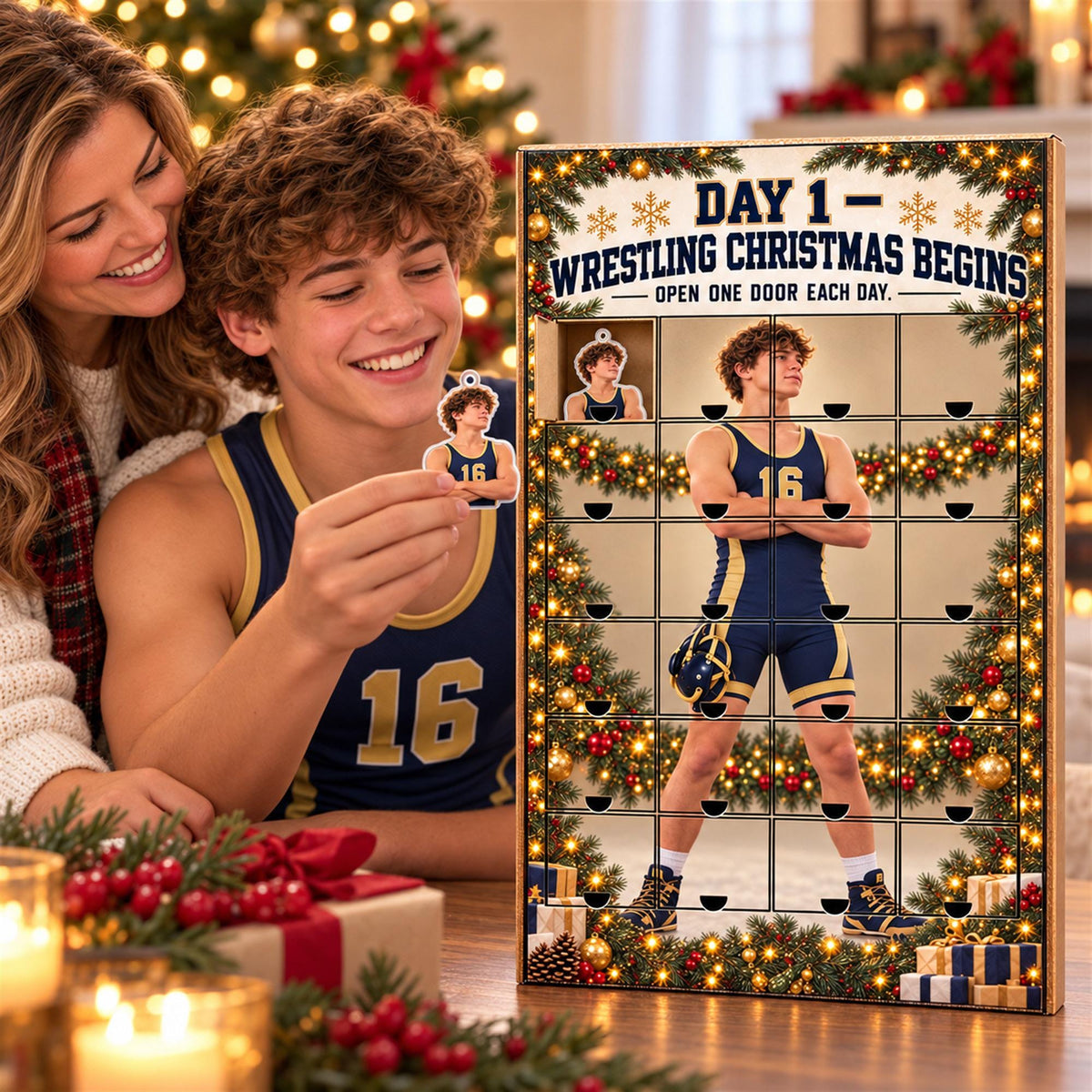 Personalized Wrestling Advent Calendar with 24 Custom Photo Acrylic Ornaments, Wrestler Christmas Gift for Athlete Family and Coach Keepsake