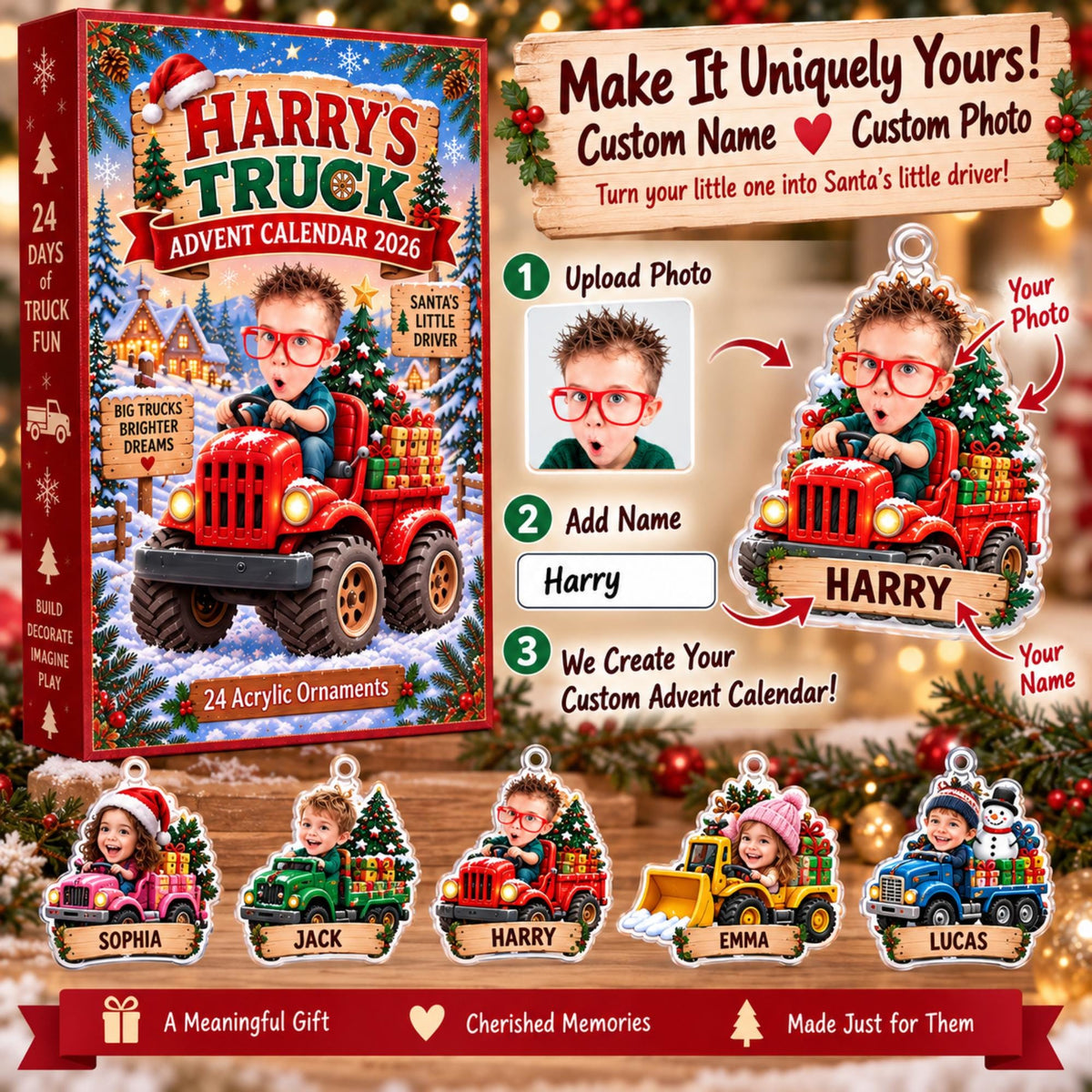 Personalized Truck Advent Calendar 2026, Custom Photo & Name, 24 Acrylic Truck Ornaments, Kids Christmas Countdown, Truck Lover Gift