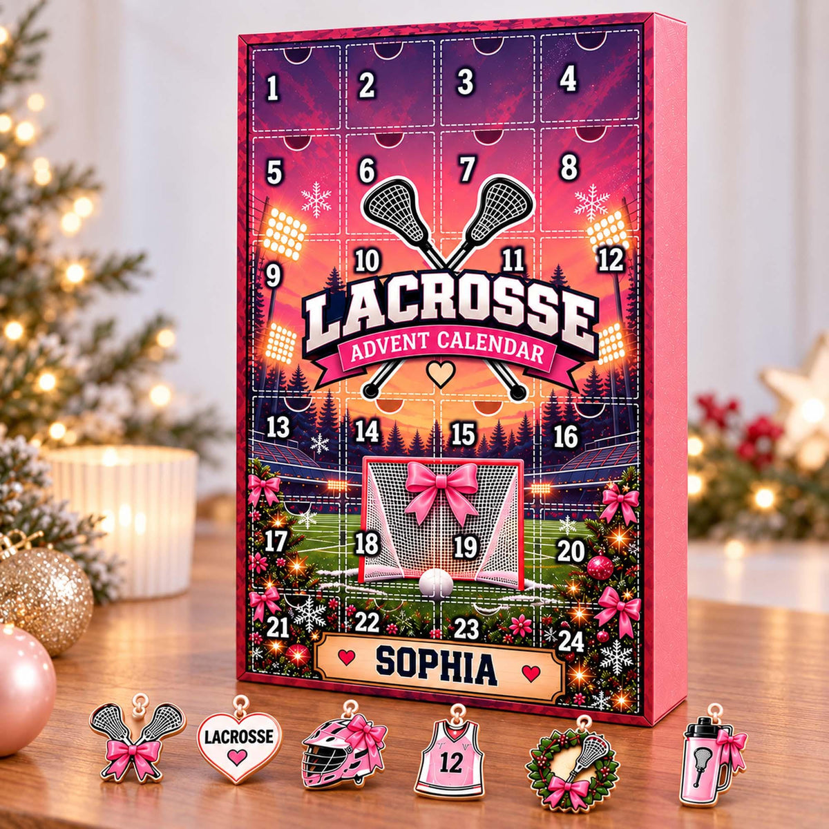 Personalized Lacrosse Advent Calendar 2026 For Girls, Custom Lacrosse Blind Box, 24 Day Christmas Countdown Lacrosse Token Ornaments Set