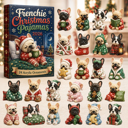 Frenchie Christmas Pajamas Advent Calendar 2026 - 24-Day Festive Countdown, Acrylic Charms Blind Box - Gift For French Bulldog Lovers